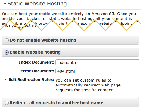 Screenshot of S3 static website hosting setup